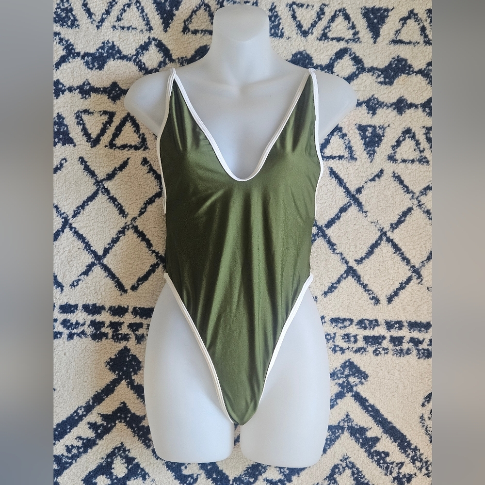 Olive Green Low Neckline High Leg Thong Swimsuit Or Bodysuit, M